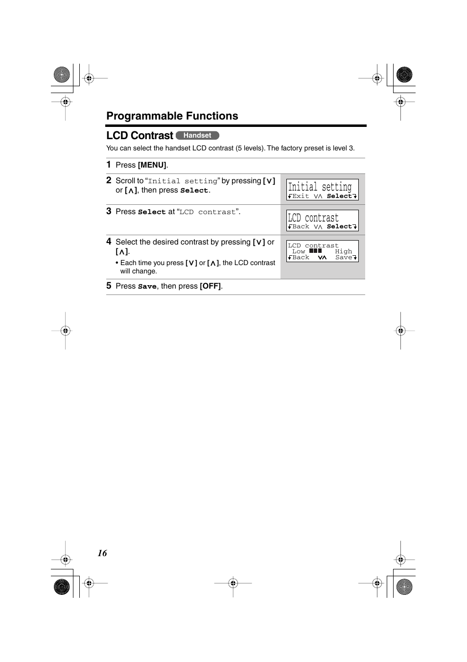 Initial setting, Programmable functions, Lcd contrast | Panasonic KX-TG2224F User Manual | Page 16 / 72