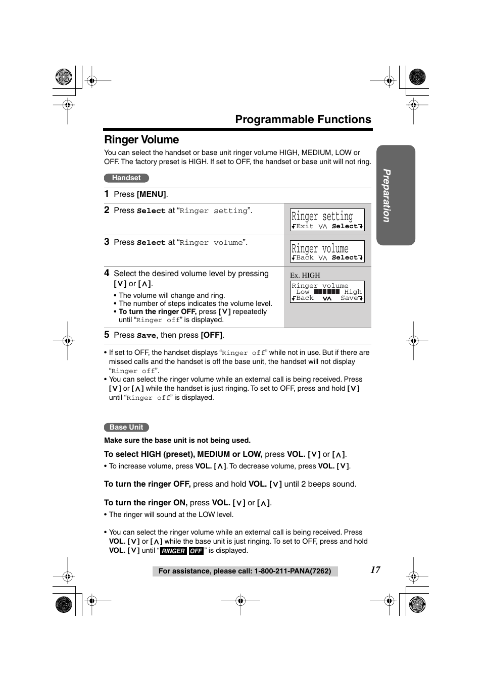 Ringer setting, Ringer volume, Programmable functions ringer volume | Panasonic KX-TG2224F User Manual | Page 17 / 72