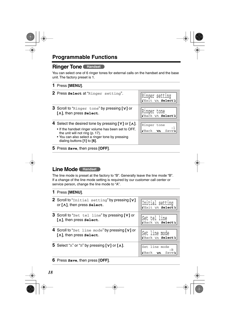 Ringer setting, Initial setting, Set tel line | Set line mode, Programmable functions, Ringer tone, Line mode | Panasonic KX-TG2224F User Manual | Page 18 / 72