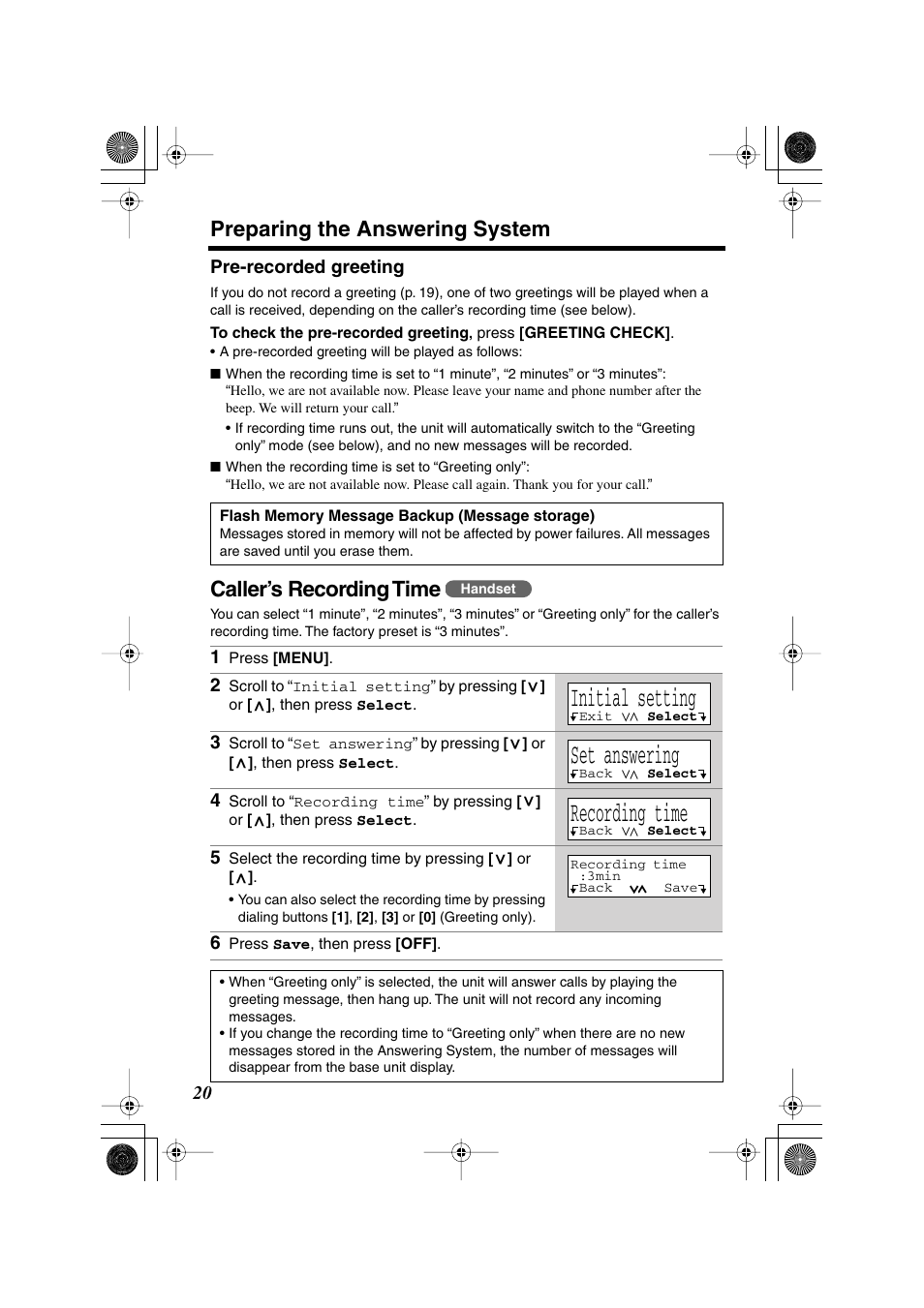 Initial setting, Set answering, Recording time | Preparing the answering system, Caller’s recording time | Panasonic KX-TG2224F User Manual | Page 20 / 72
