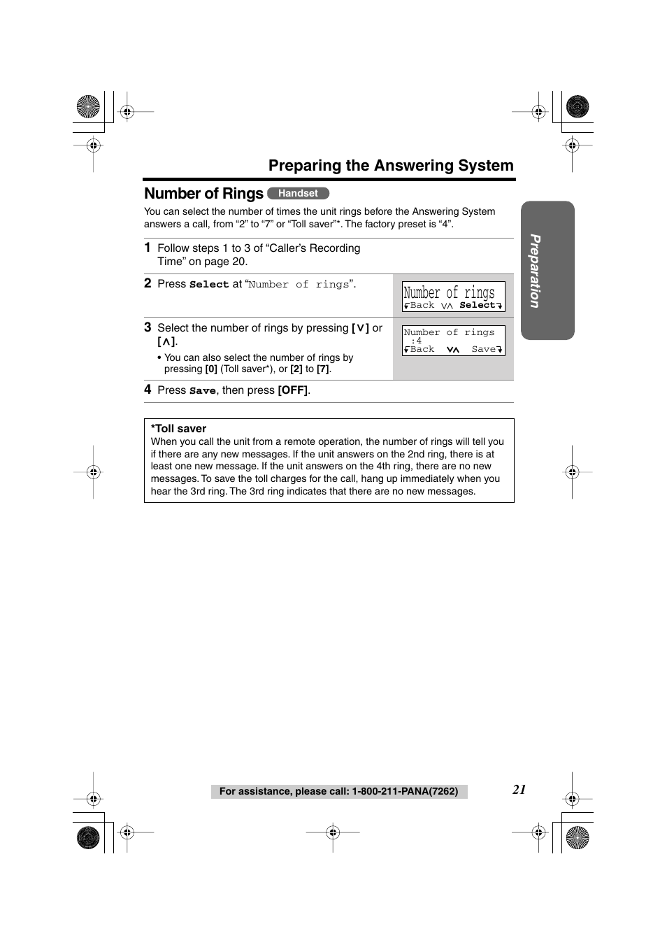 Number of rings, Preparing the answering system number of rings | Panasonic KX-TG2224F User Manual | Page 21 / 72