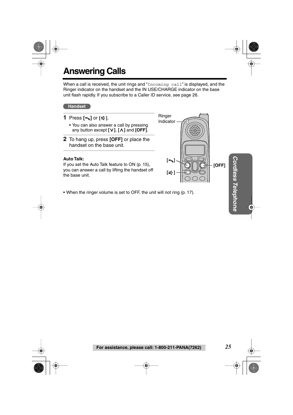 Answering calls | Panasonic KX-TG2224F User Manual | Page 25 / 72