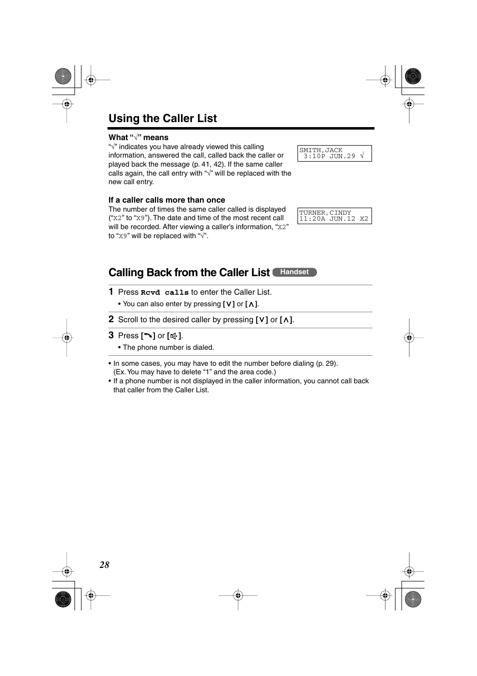 Using the caller list, Calling back from the caller list | Panasonic KX-TG2224F User Manual | Page 28 / 72