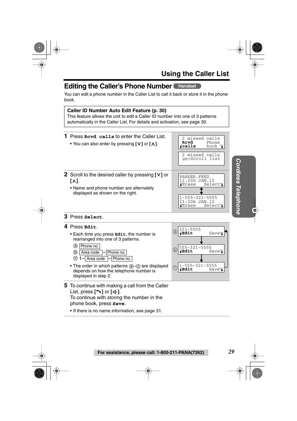 Using the caller list, Editing the caller’s phone number, Cor dless t elephone 29 | Panasonic KX-TG2224F User Manual | Page 29 / 72