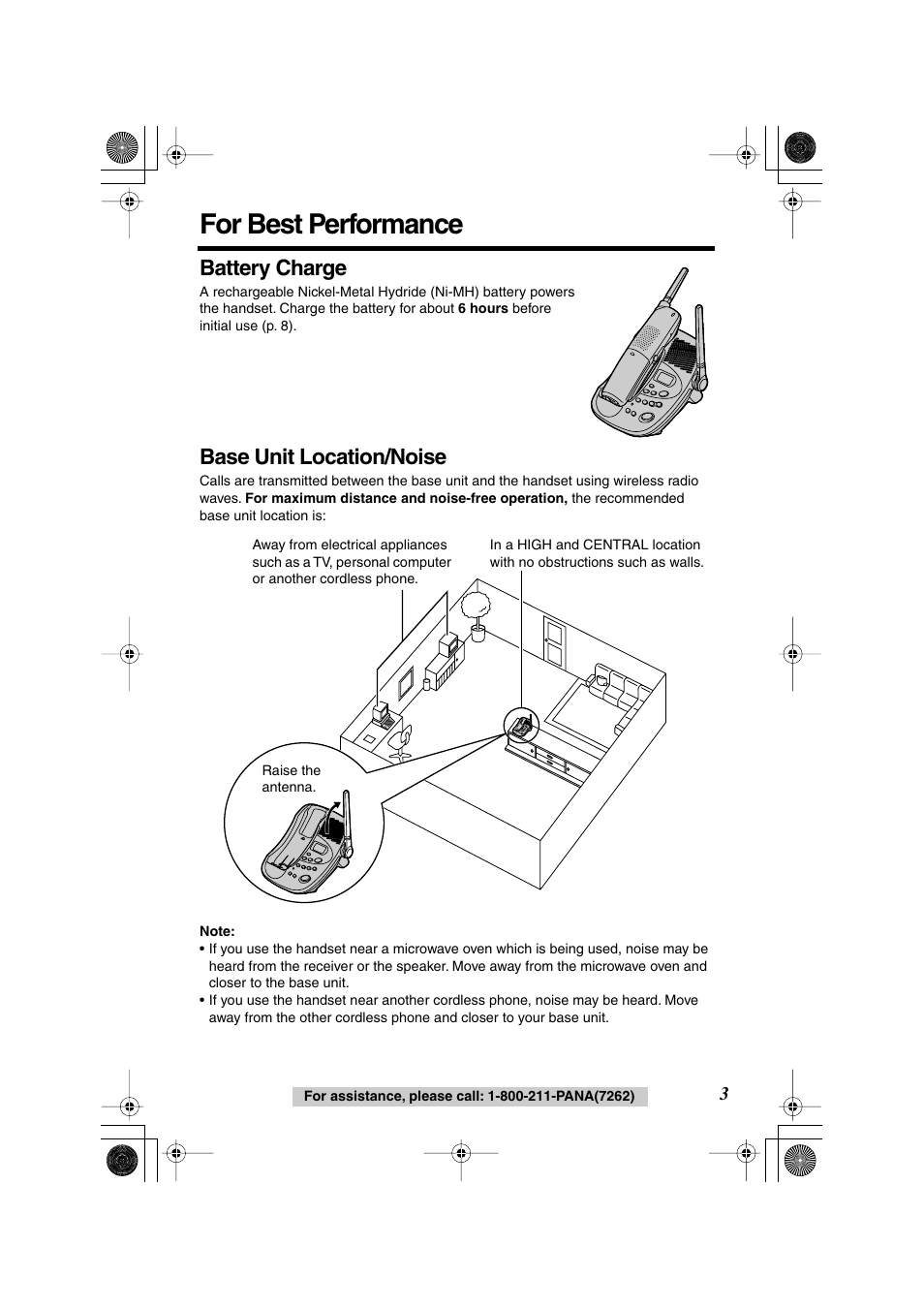 For best performance, Battery charge, Base unit location/noise | Panasonic KX-TG2224F User Manual | Page 3 / 72