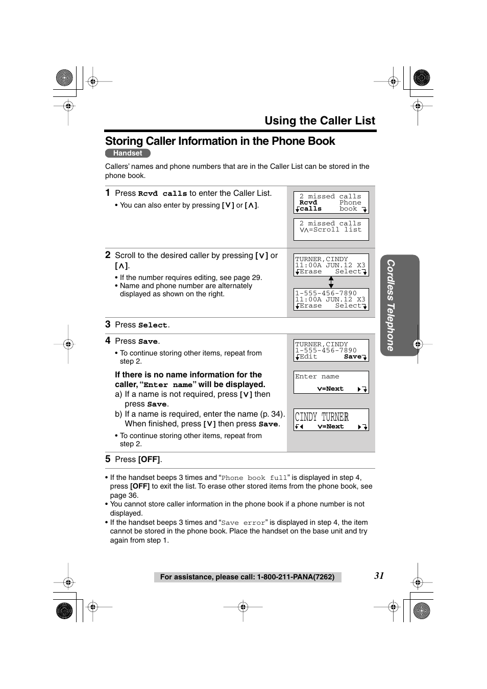 Cindy turner, Using the caller list, Storing caller information in the phone book | Panasonic KX-TG2224F User Manual | Page 31 / 72