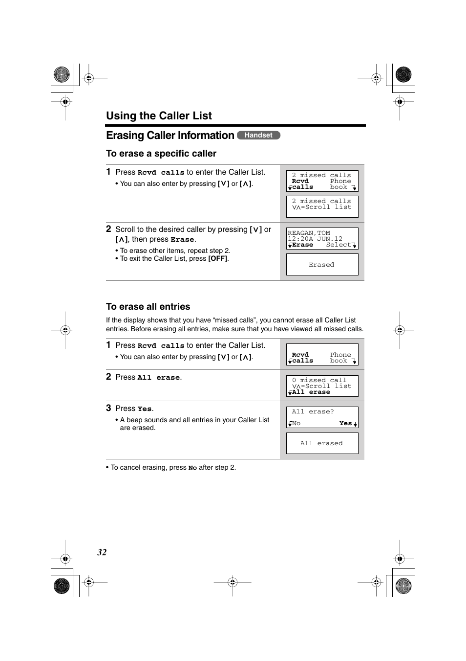 Using the caller list, Erasing caller information | Panasonic KX-TG2224F User Manual | Page 32 / 72