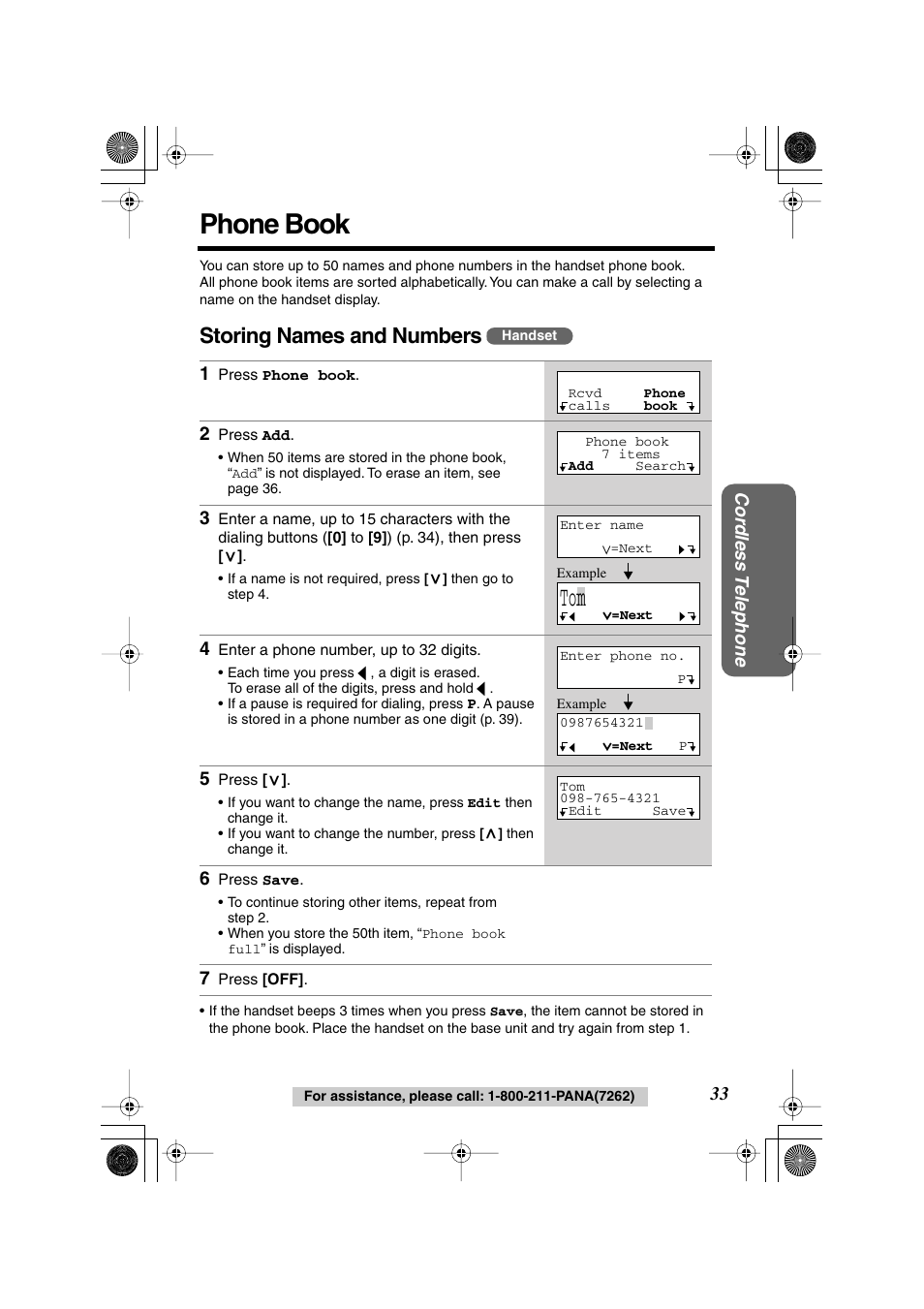 Phone book, Storing names and numbers | Panasonic KX-TG2224F User Manual | Page 33 / 72