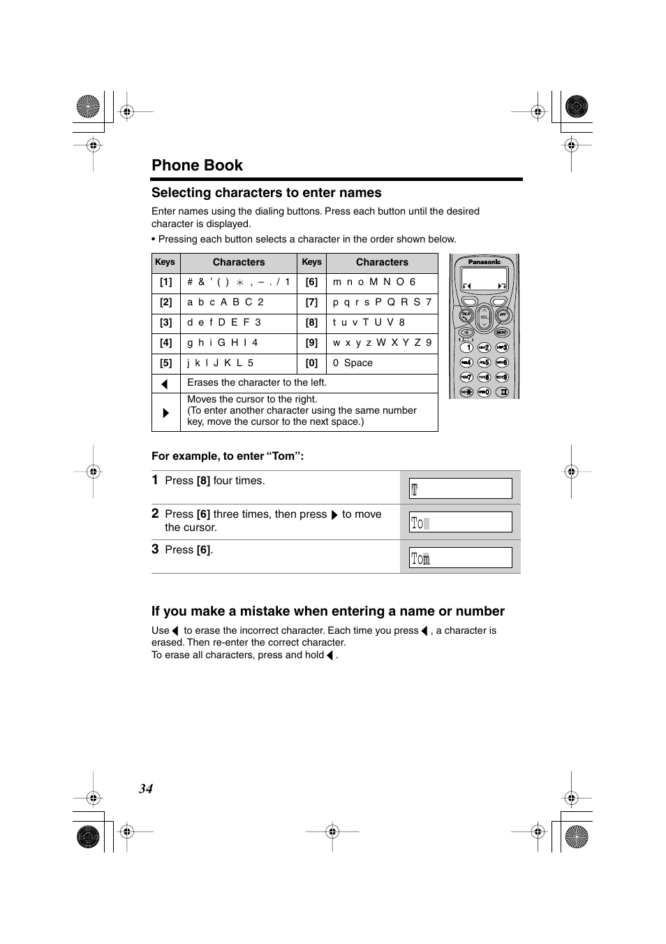 Phone book, 34 selecting characters to enter names | Panasonic KX-TG2224F User Manual | Page 34 / 72