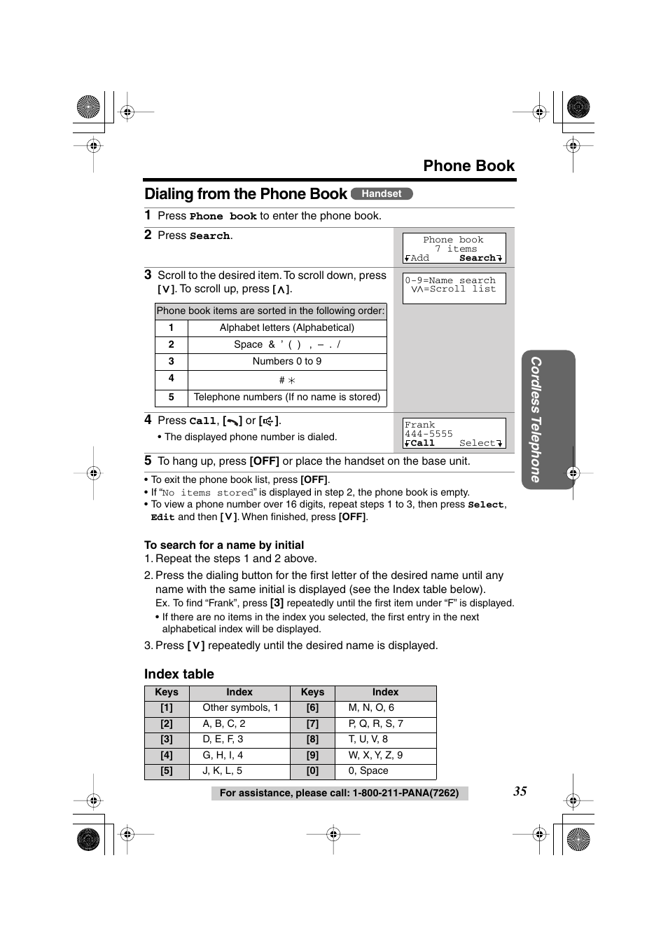 Phone book, Dialing from the phone book, Cor dless t elephone 35 | Index table 1 | Panasonic KX-TG2224F User Manual | Page 35 / 72