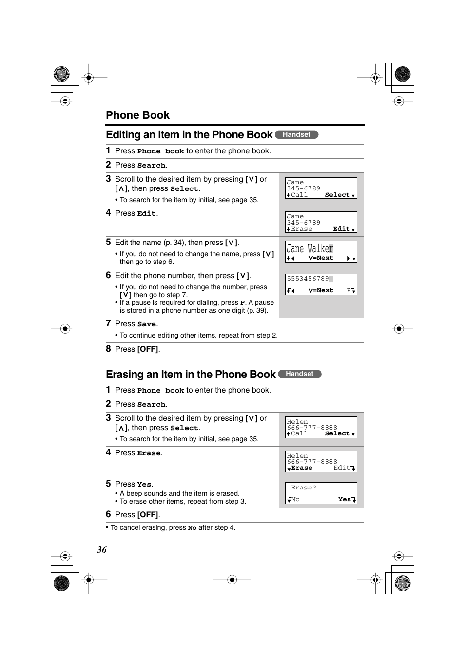 Jane walker, Phone book | Panasonic KX-TG2224F User Manual | Page 36 / 72