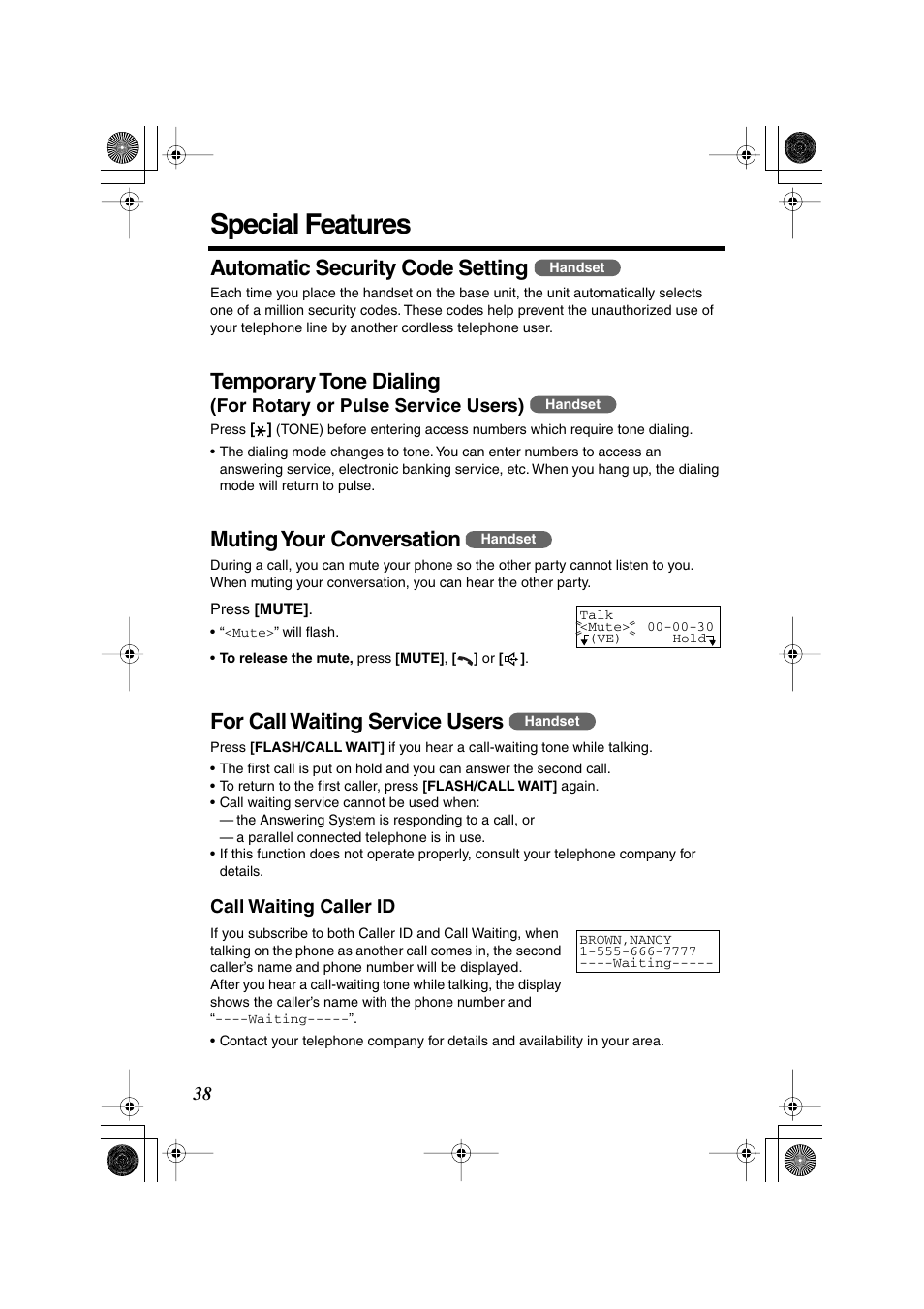 Special features, Automatic security code setting, Temporary tone dialing | Muting your conversation, For call waiting service users | Panasonic KX-TG2224F User Manual | Page 38 / 72