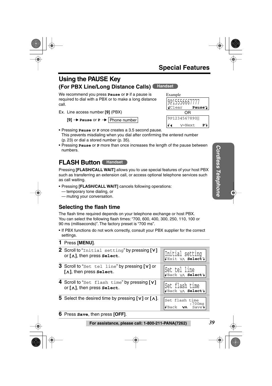 Initial setting, Set tel line, Set flash time | Special features, Using the pause key, Flash button | Panasonic KX-TG2224F User Manual | Page 39 / 72