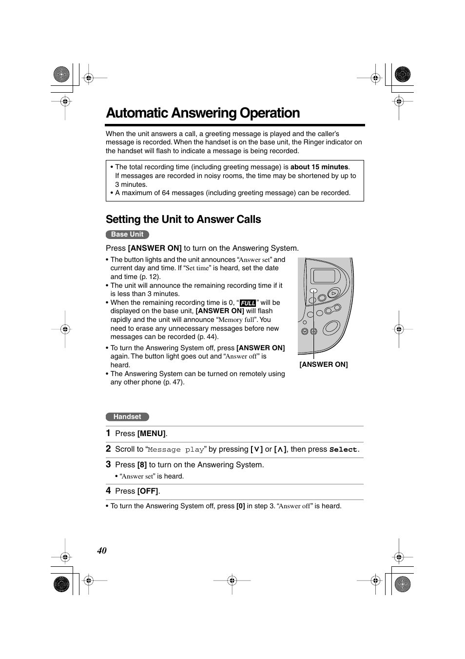 Answering system, Automatic answering operation, Setting the unit to answer calls | Panasonic KX-TG2224F User Manual | Page 40 / 72