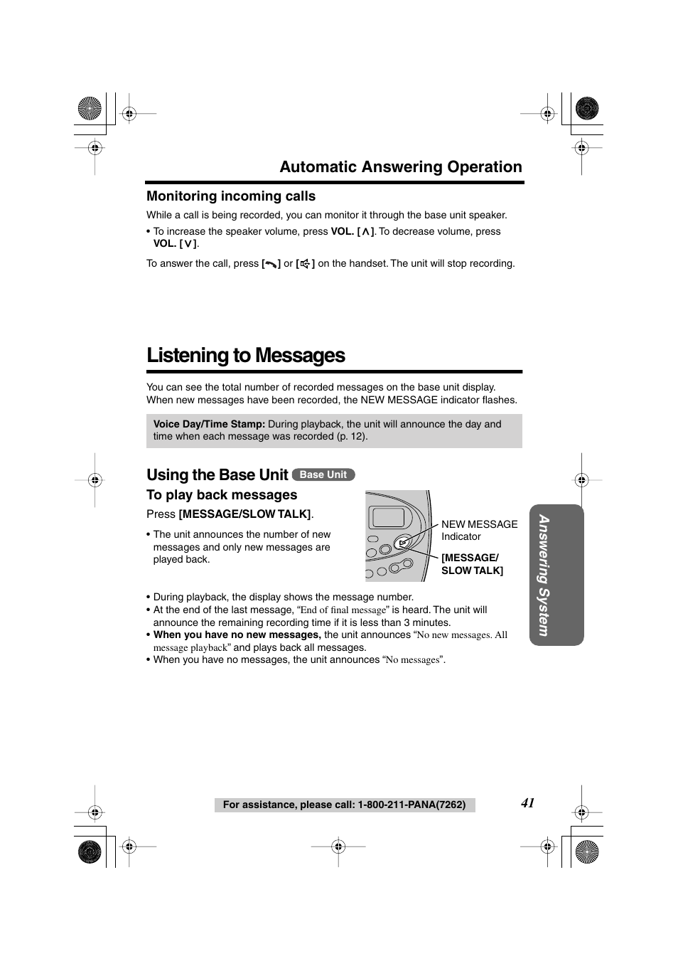 Listening to messages, Automatic answering operation, Using the base unit | Ans wering system, Monitoring incoming calls | Panasonic KX-TG2224F User Manual | Page 41 / 72