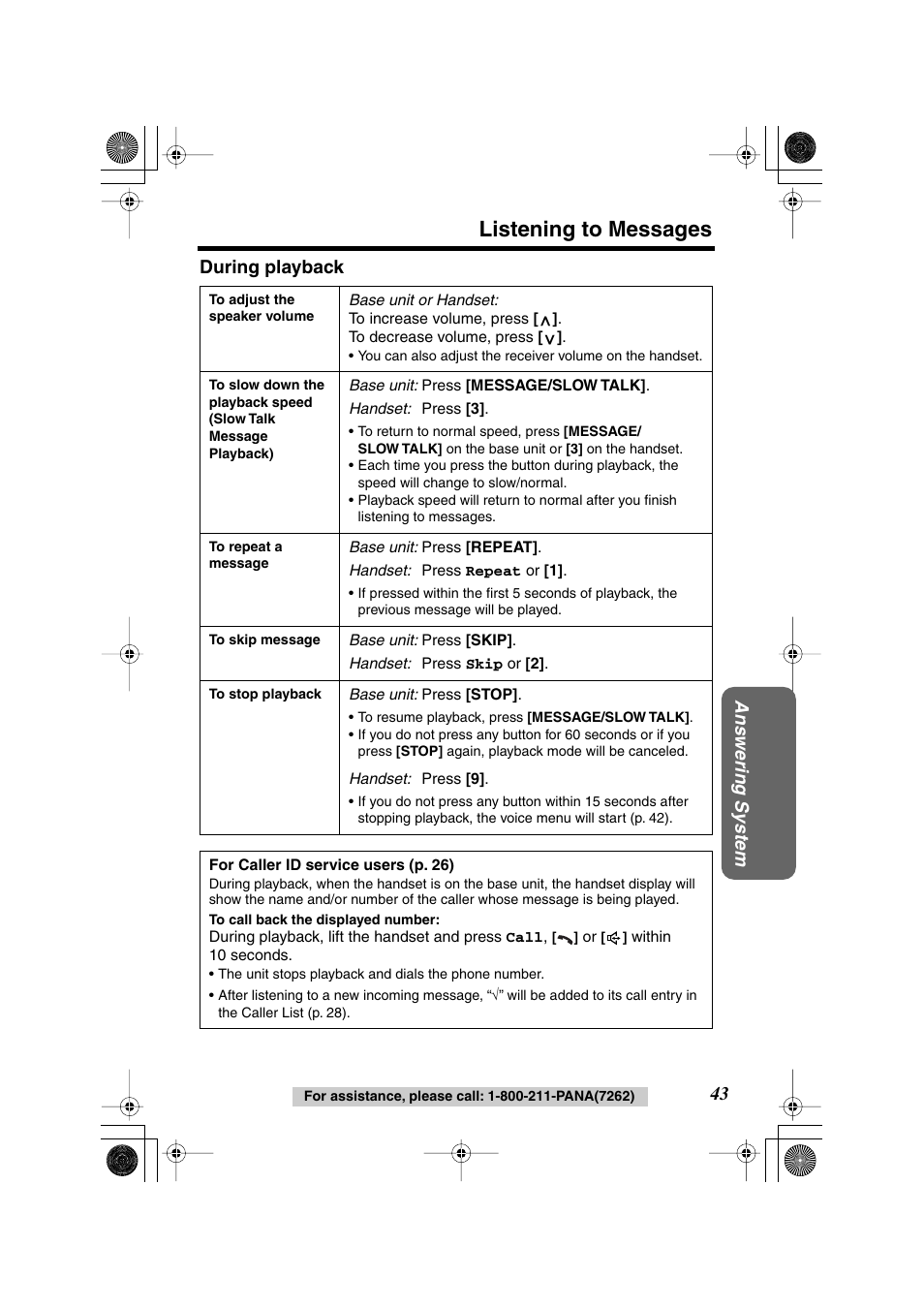 Listening to messages, Ans wering system, 43 during playback | Panasonic KX-TG2224F User Manual | Page 43 / 72