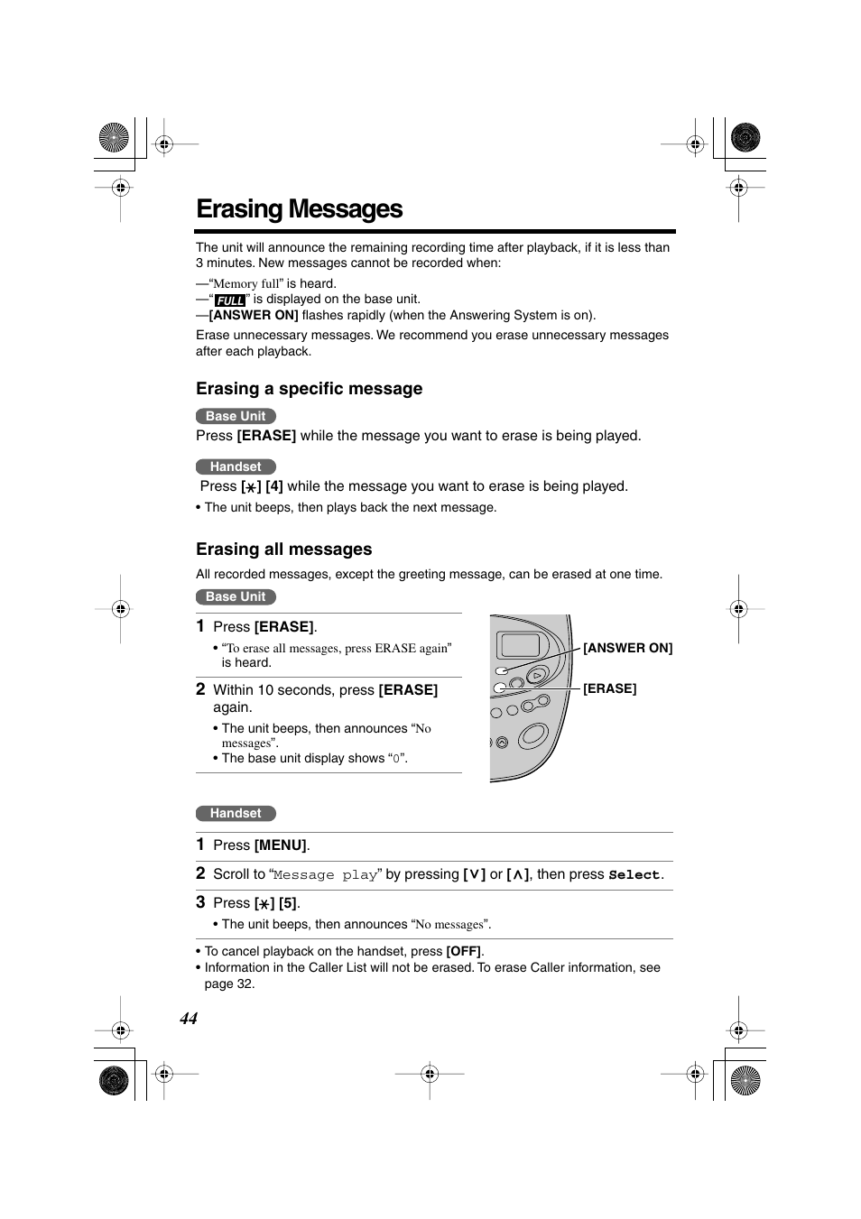 Erasing messages | Panasonic KX-TG2224F User Manual | Page 44 / 72