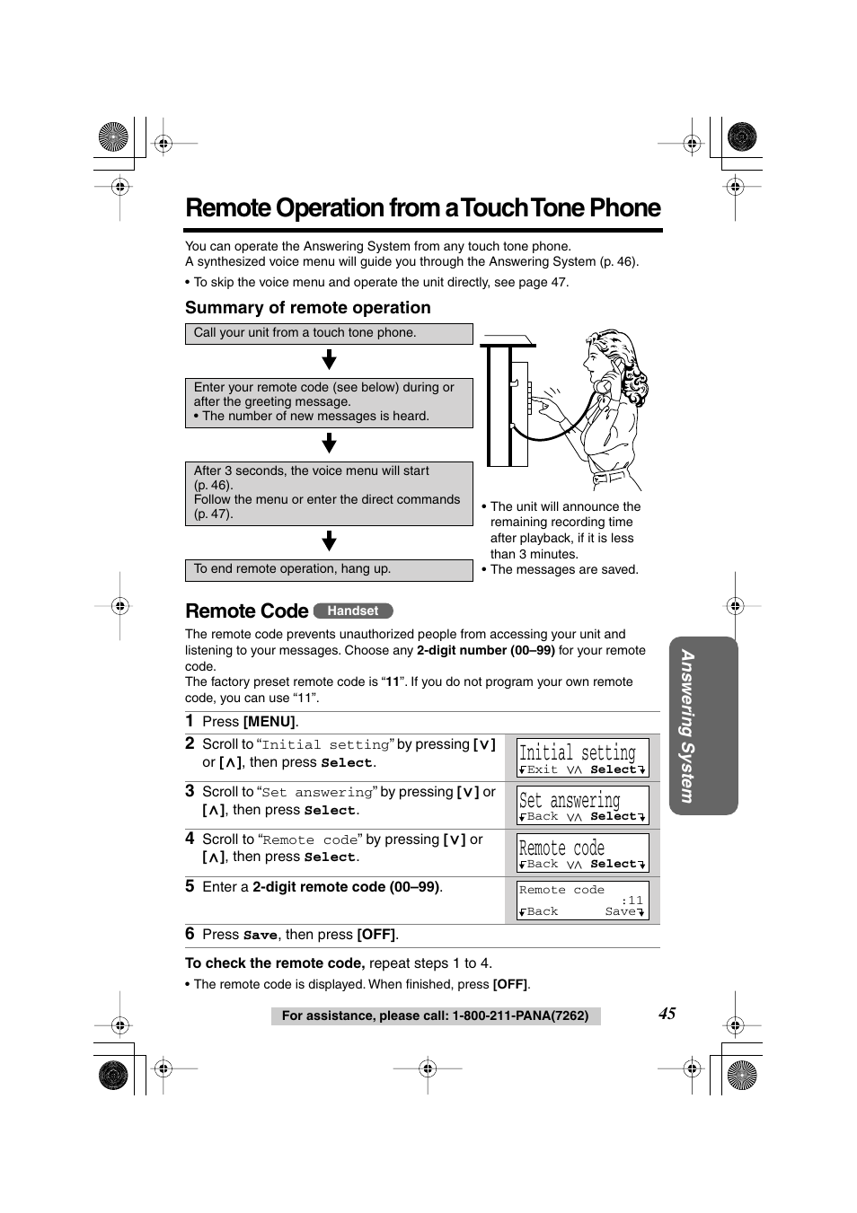 Remote operations from a touch tone phone, Remote operation from a touch tone phone, Initial setting | Set answering, Remote code | Panasonic KX-TG2224F User Manual | Page 45 / 72