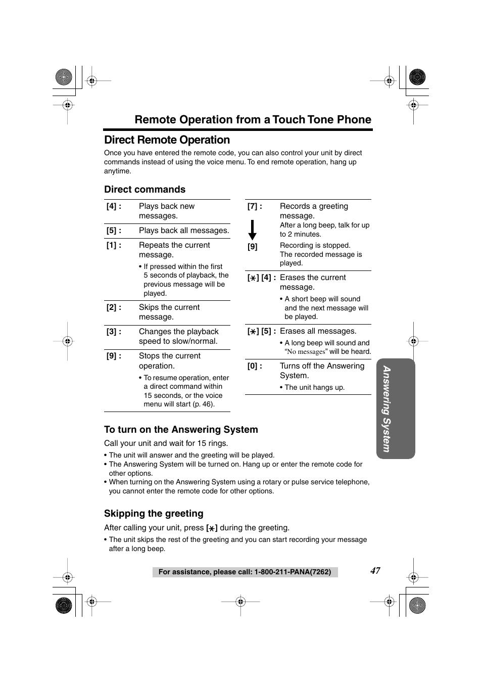 Remote operation from a touch tone phone, Direct remote operation | Panasonic KX-TG2224F User Manual | Page 47 / 72