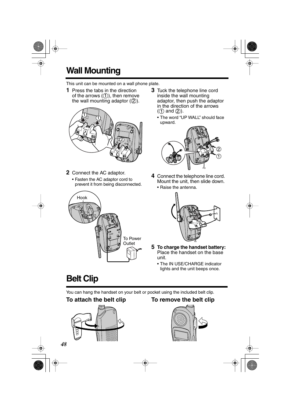Useful information, Wall mounting, Belt clip | Panasonic KX-TG2224F User Manual | Page 48 / 72