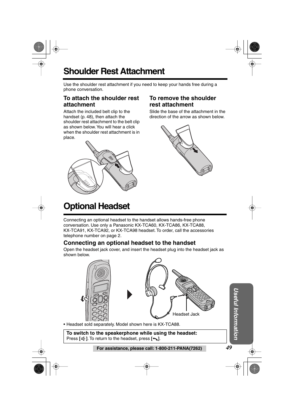 Shoulder rest attachment, Optional headset | Panasonic KX-TG2224F User Manual | Page 49 / 72