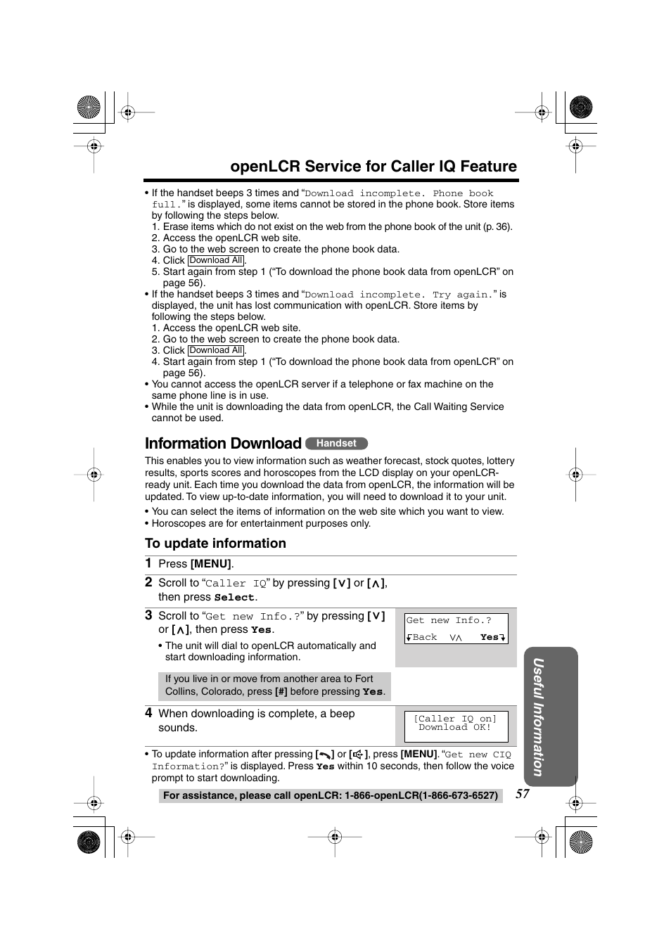 Openlcr service for caller iq feature, Information download | Panasonic KX-TG2224F User Manual | Page 57 / 72