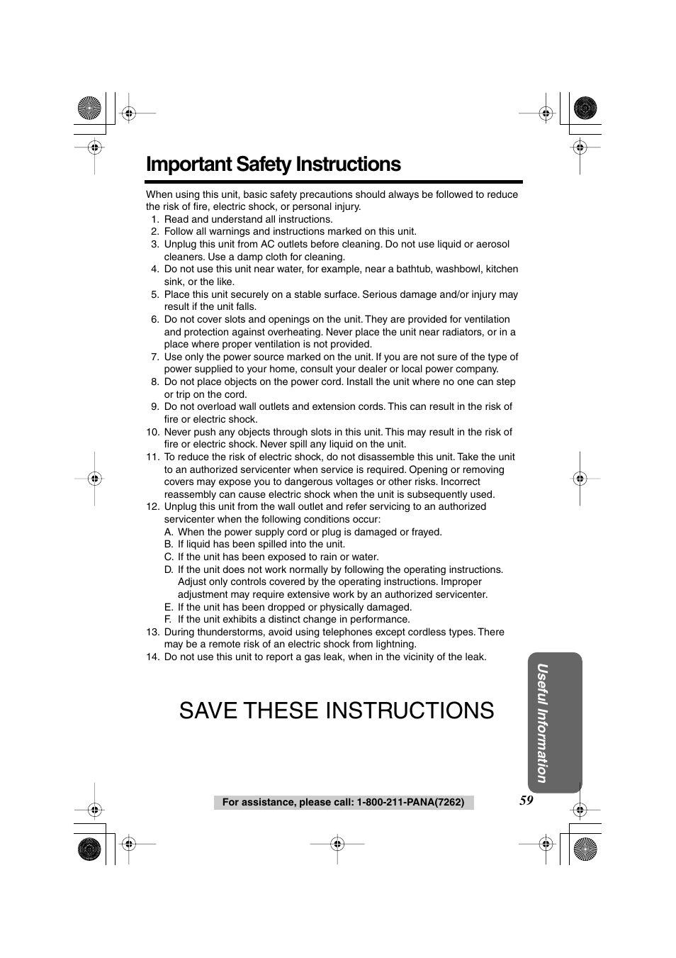 Important safety instructions, Save these instructions | Panasonic KX-TG2224F User Manual | Page 59 / 72