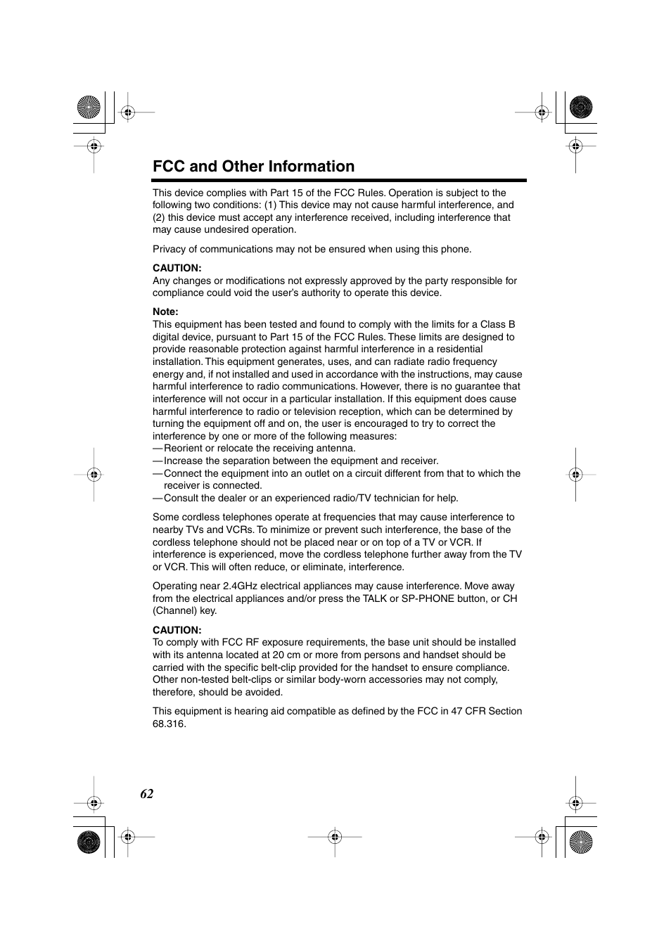 Fcc and other information | Panasonic KX-TG2224F User Manual | Page 62 / 72