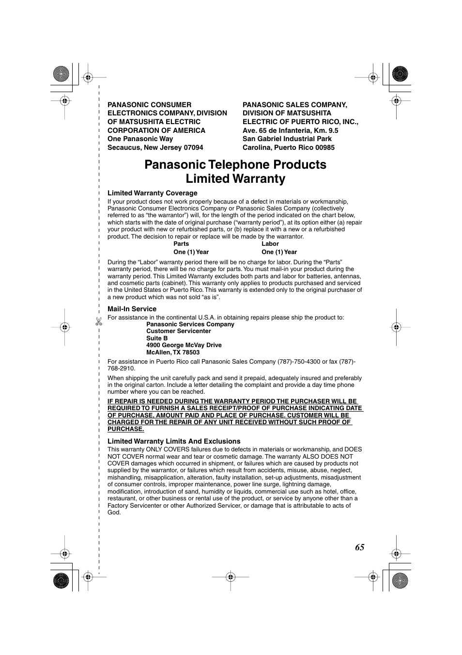 Warranty, Panasonic telephone products limited warranty | Panasonic KX-TG2224F User Manual | Page 65 / 72