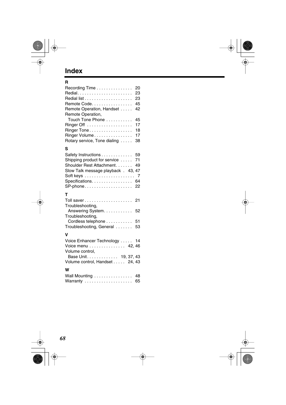 Index | Panasonic KX-TG2224F User Manual | Page 68 / 72