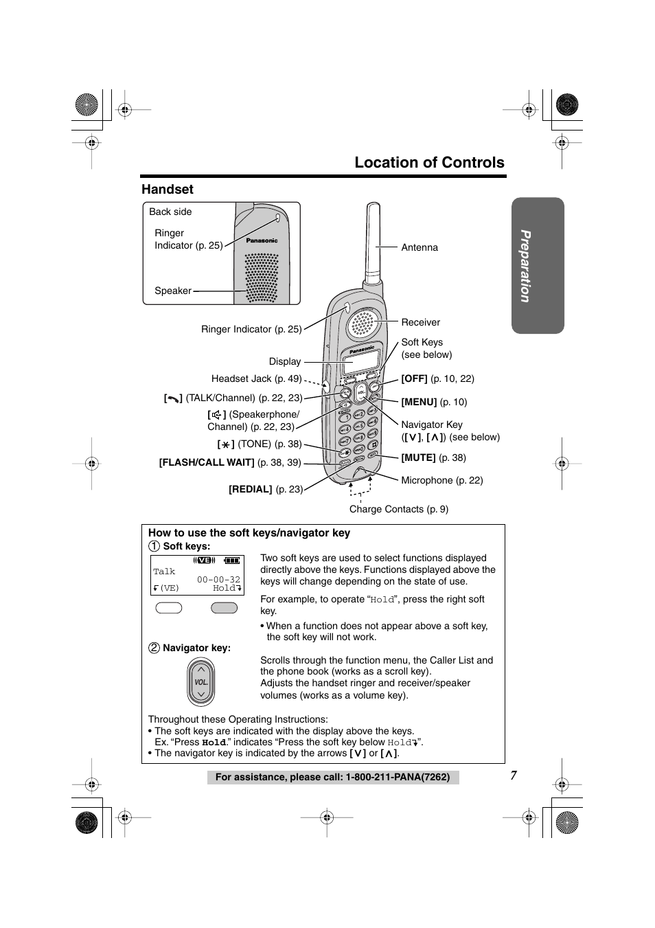 Location of controls, Preparation, Handset | Panasonic KX-TG2224F User Manual | Page 7 / 72