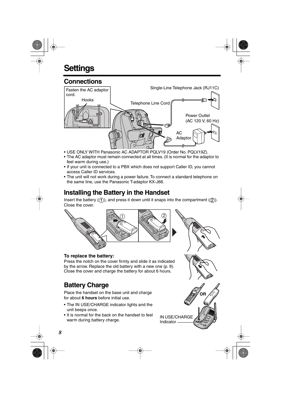 Settings, Connections, Installing the battery in the handset | Battery charge | Panasonic KX-TG2224F User Manual | Page 8 / 72