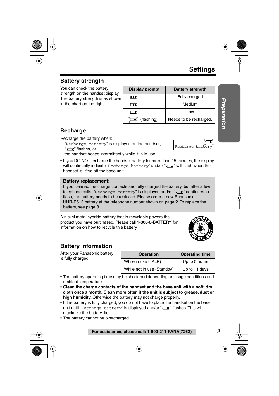 Settings, Preparation, Battery strength recharge | Battery information | Panasonic KX-TG2224F User Manual | Page 9 / 72