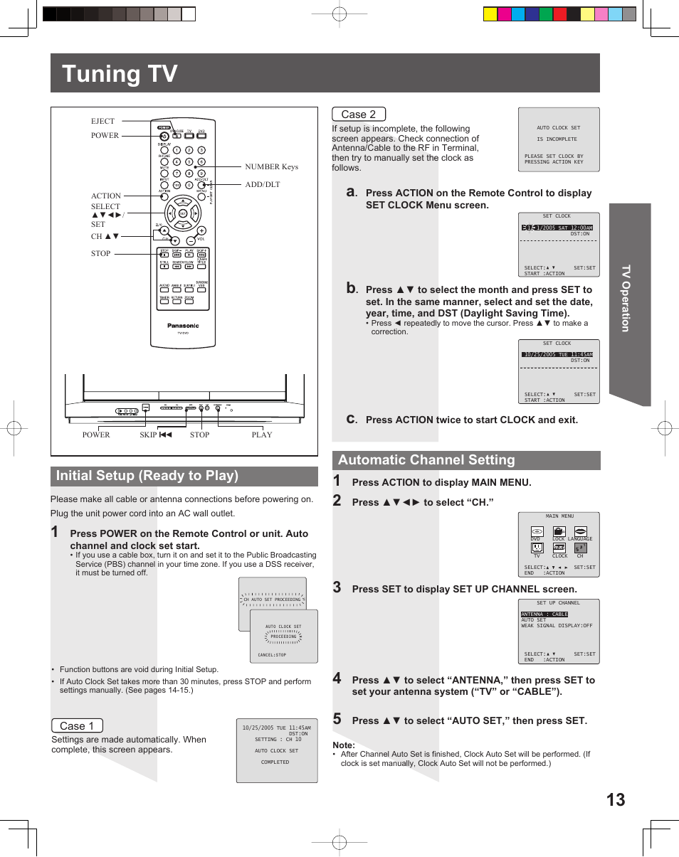 Tuning tv, Initial setup (ready to play), Automatic channel setting | Panasonic PV 20DF25 User Manual | Page 13 / 56
