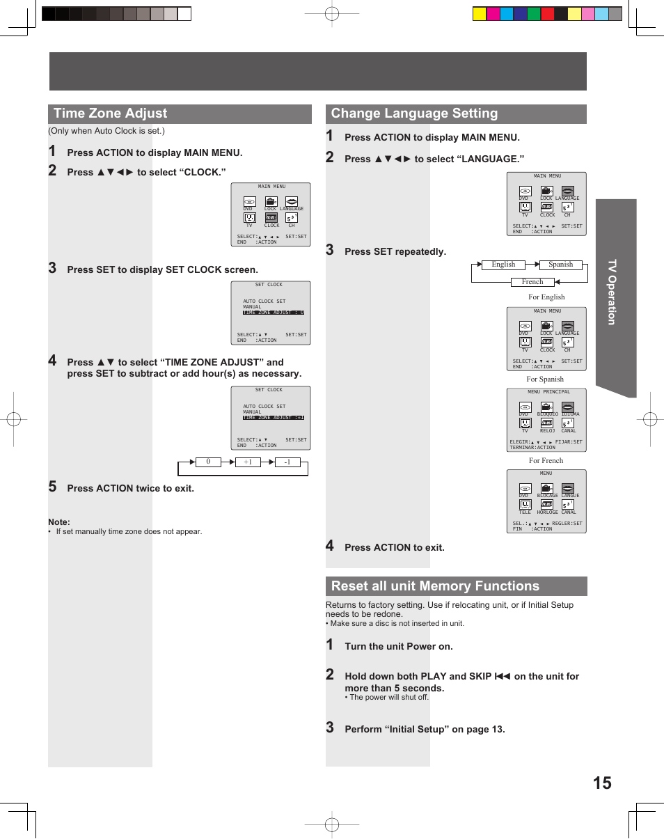 Time zone adjust, Tv operation | Panasonic PV 20DF25 User Manual | Page 15 / 56