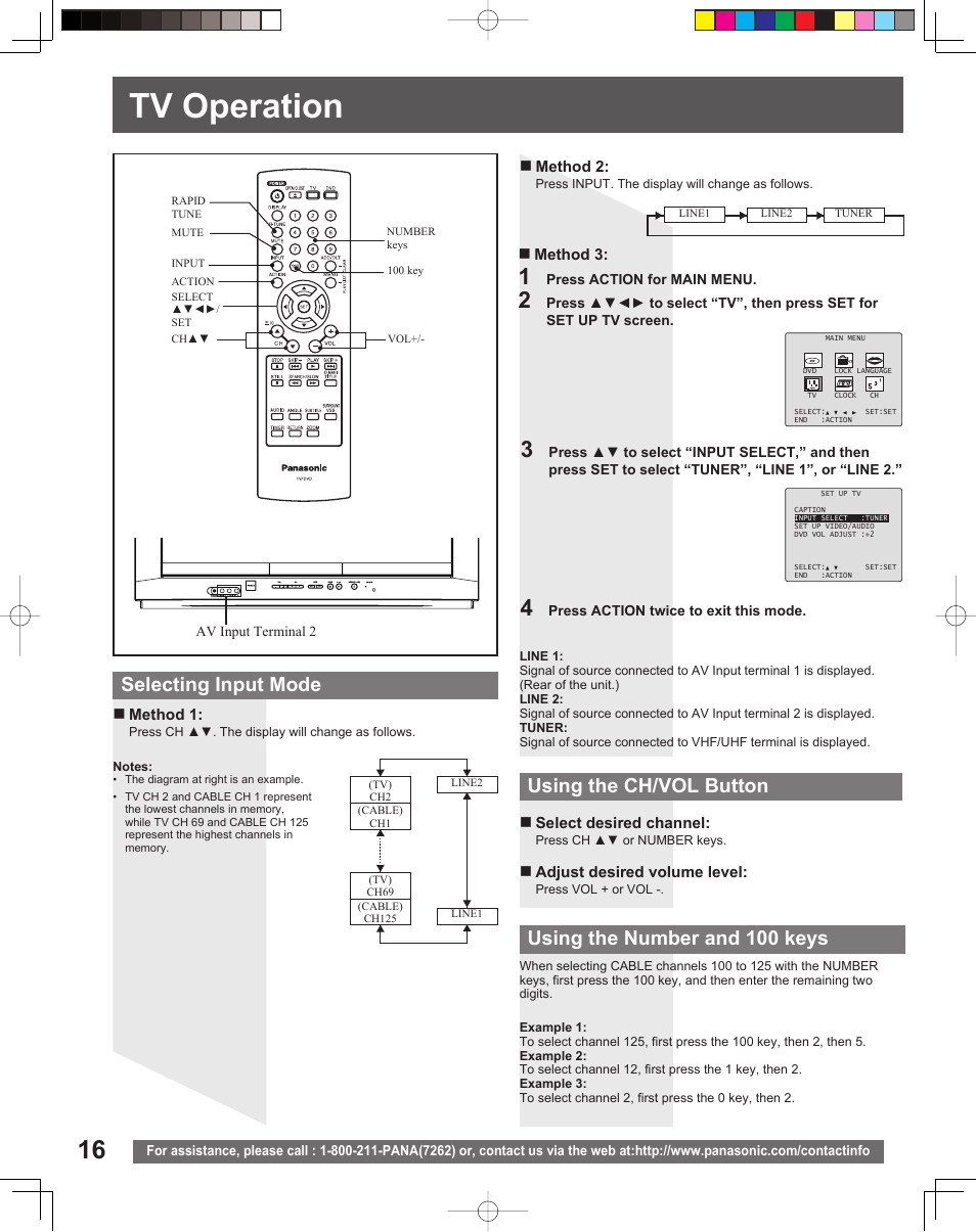 Tv operation, Selecting input mode using the ch/vol button, Using the number and 100 keys | Panasonic PV 20DF25 User Manual | Page 16 / 56