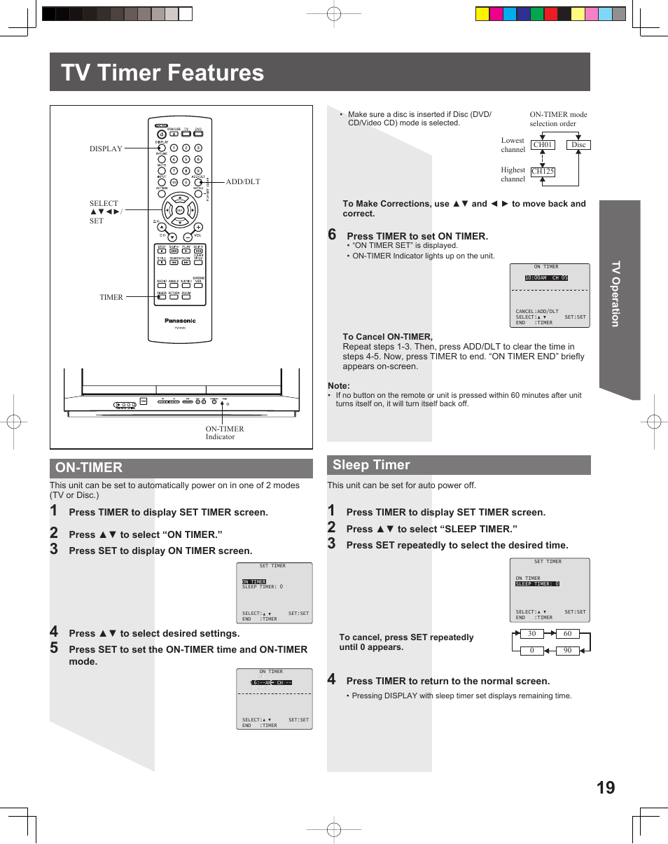 Tv timer features, On-timer sleep timer | Panasonic PV 20DF25 User Manual | Page 19 / 56