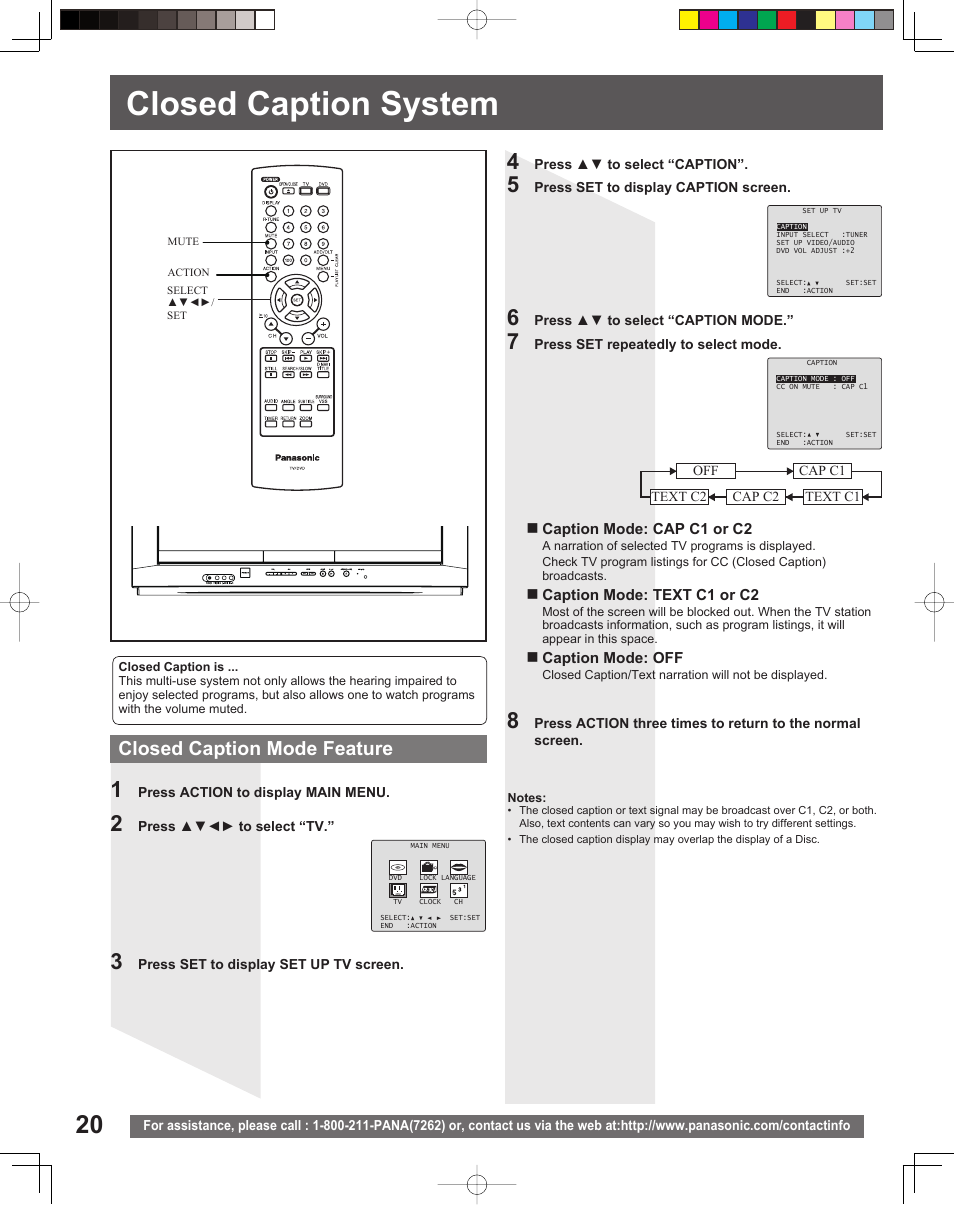 Closed caption system, Closed caption mode feature | Panasonic PV 20DF25 User Manual | Page 20 / 56