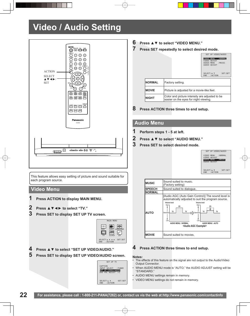 Video / audio setting, Video menu audio menu | Panasonic PV 20DF25 User Manual | Page 22 / 56
