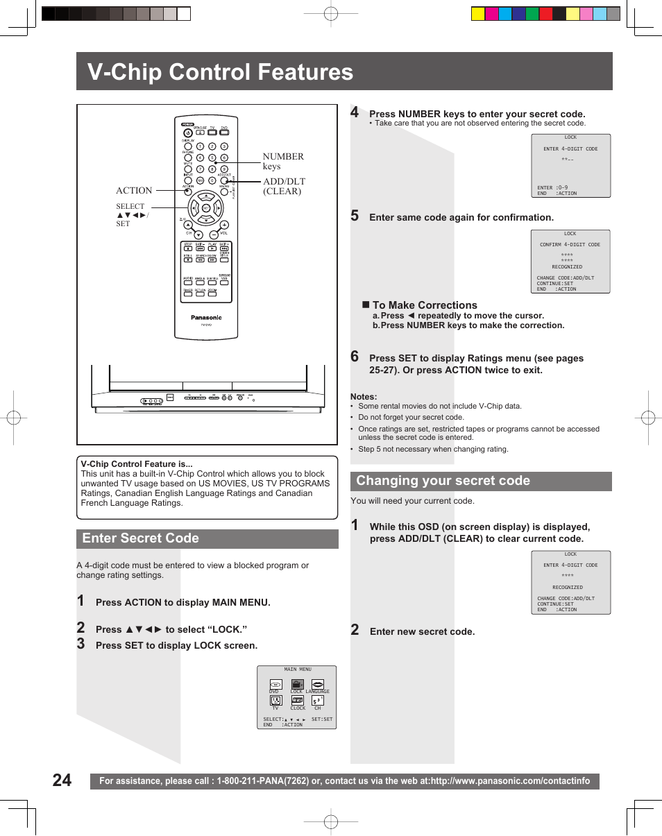 V-chip control features, Enter secret code changing your secret code | Panasonic PV 20DF25 User Manual | Page 24 / 56