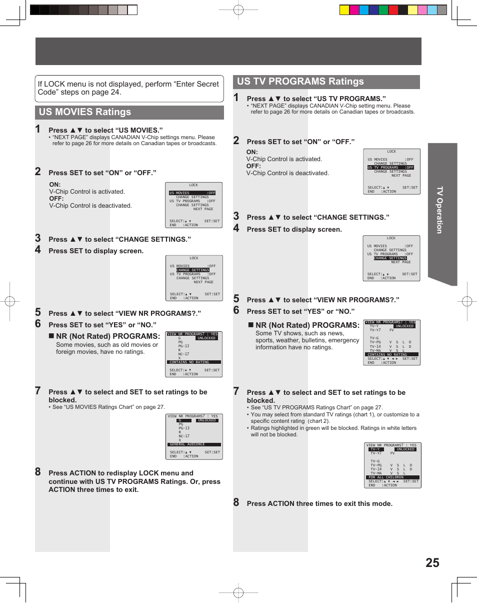 Us tv programs ratings, Us movies ratings, Tv operation | Nr (not rated) programs | Panasonic PV 20DF25 User Manual | Page 25 / 56