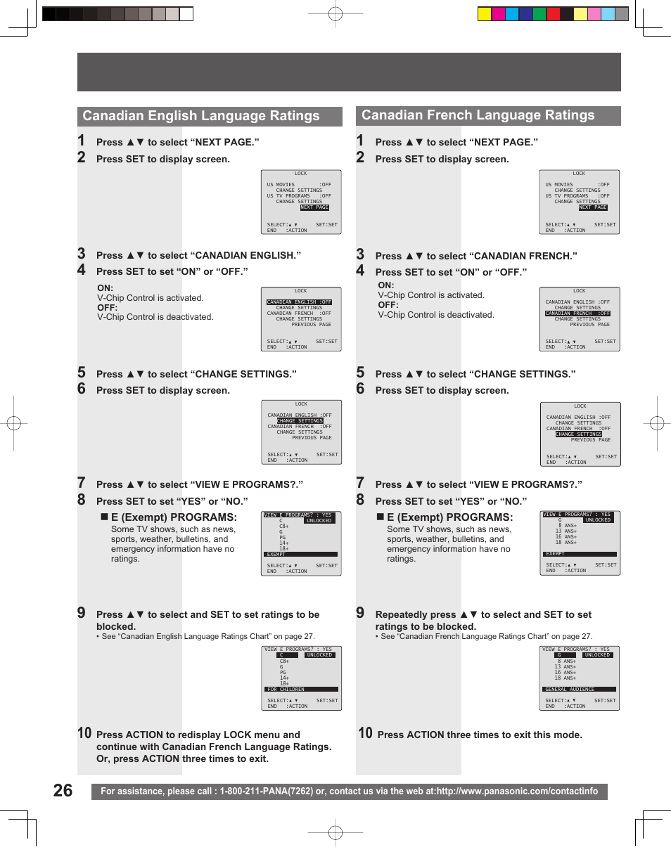 Canadian english language ratings, Canadian french language ratings, E (exempt) programs | Panasonic PV 20DF25 User Manual | Page 26 / 56