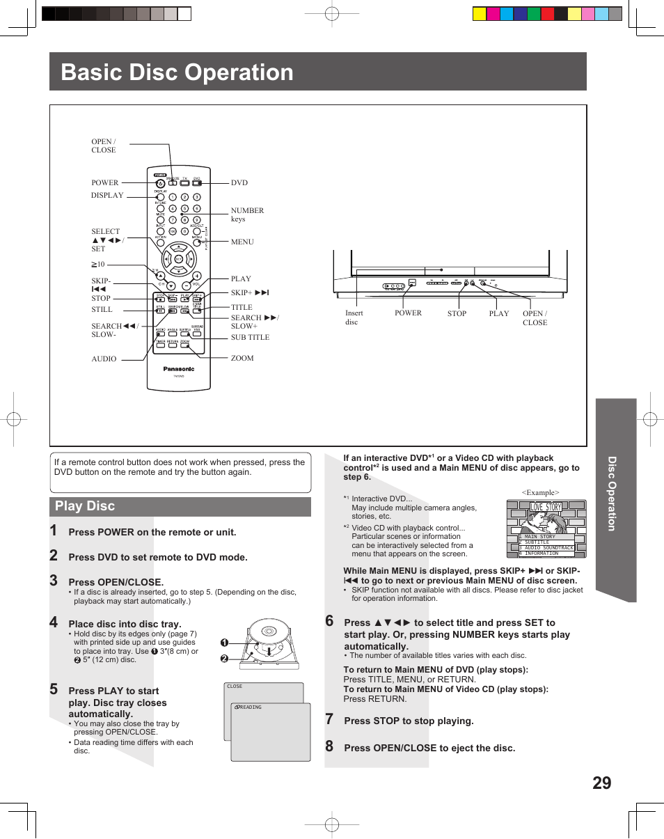 Disc operation, Basic disc operation, Play disc | Panasonic PV 20DF25 User Manual | Page 29 / 56