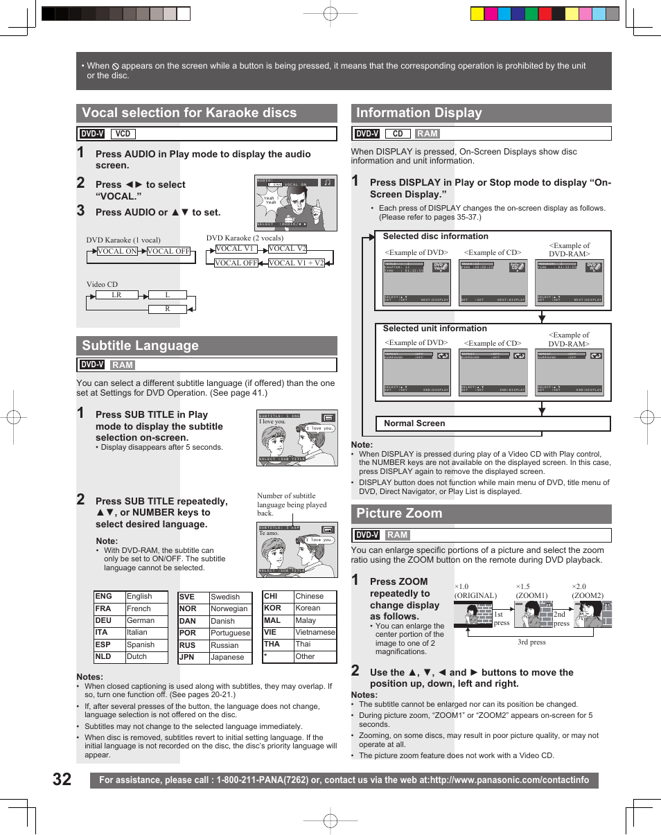 Vocal selection for karaoke discs, Subtitle language, Information display | Picture zoom | Panasonic PV 20DF25 User Manual | Page 32 / 56