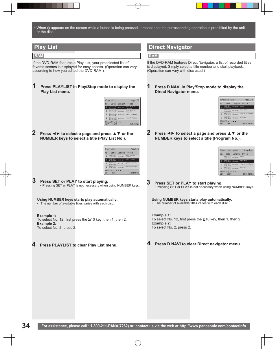 Direct navigator, Play list, Press d.navi to clear direct navigator menu | Press playlist to clear play list menu, Press set or play to start playing | Panasonic PV 20DF25 User Manual | Page 34 / 56