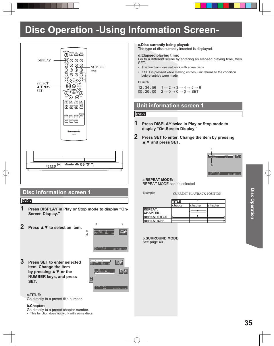 Disc operation -using information screen | Panasonic PV 20DF25 User Manual | Page 35 / 56