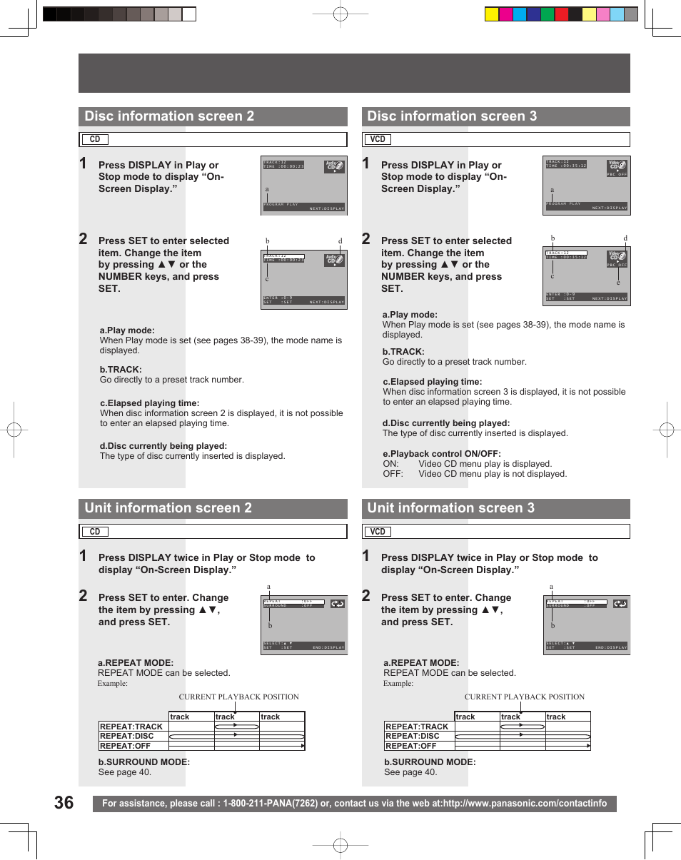 Disc information screen 3, Unit information screen 3 | Panasonic PV 20DF25 User Manual | Page 36 / 56