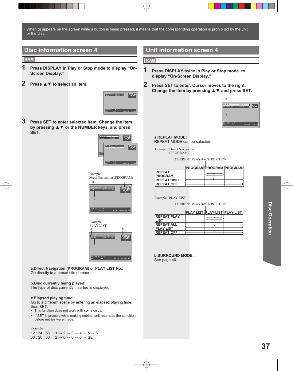 Unit information screen 4, Disc information screen 4, Disc operation | Panasonic PV 20DF25 User Manual | Page 37 / 56