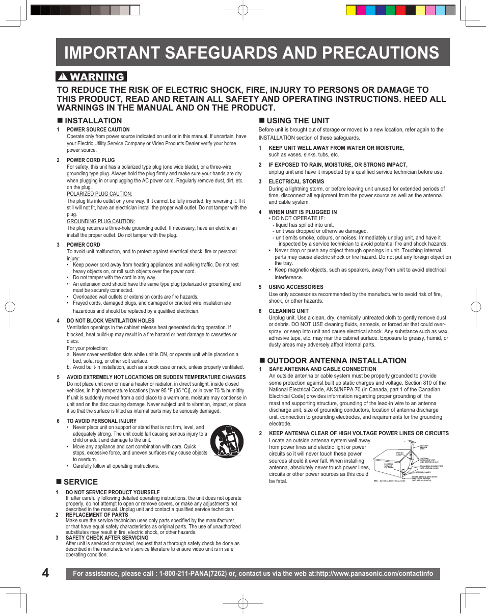 Important safeguards and precautions, Important safeguards and pre cau tions, Warning | Installation, Using the unit, Service, Outdoor antenna installation | Panasonic PV 20DF25 User Manual | Page 4 / 56