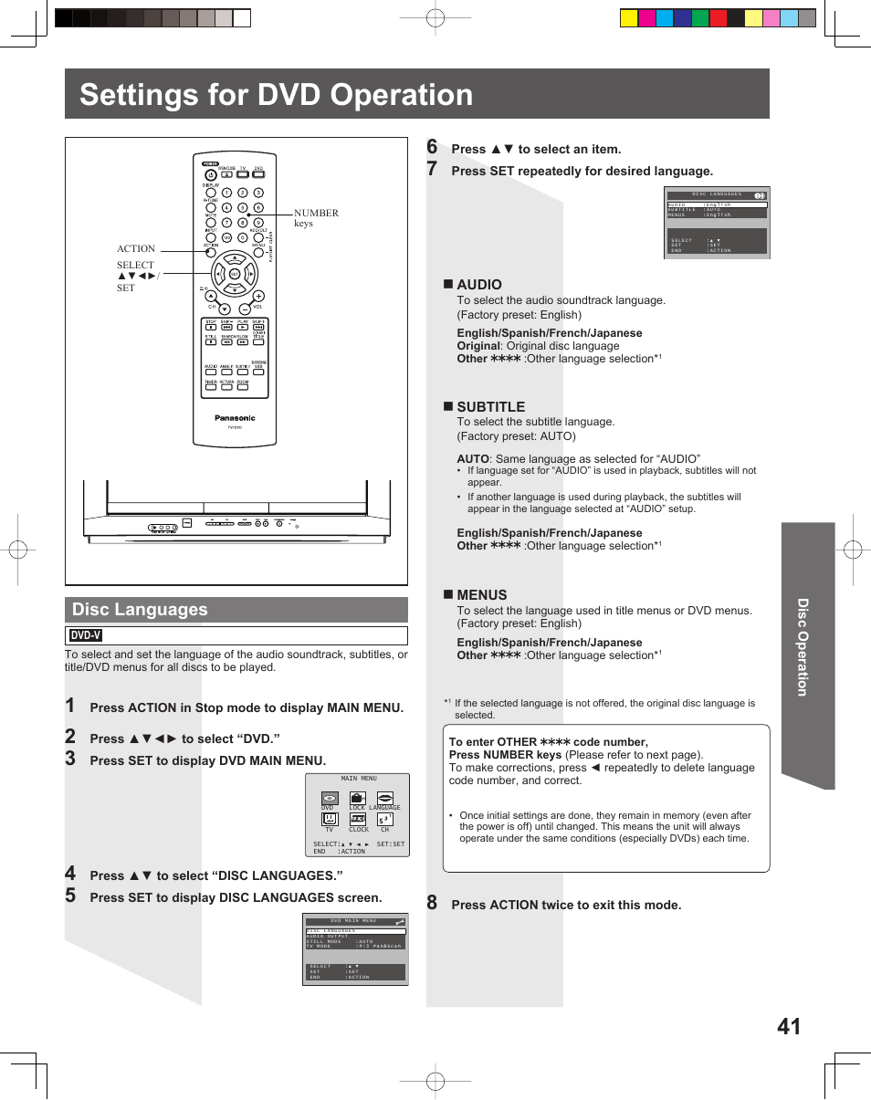 Settings for dvd operation, Disc languages | Panasonic PV 20DF25 User Manual | Page 41 / 56